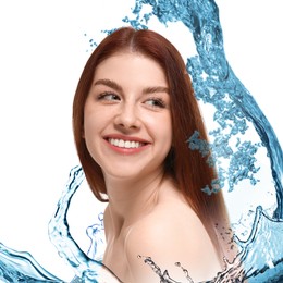 Image of Gorgeous woman and splashes of water on white background