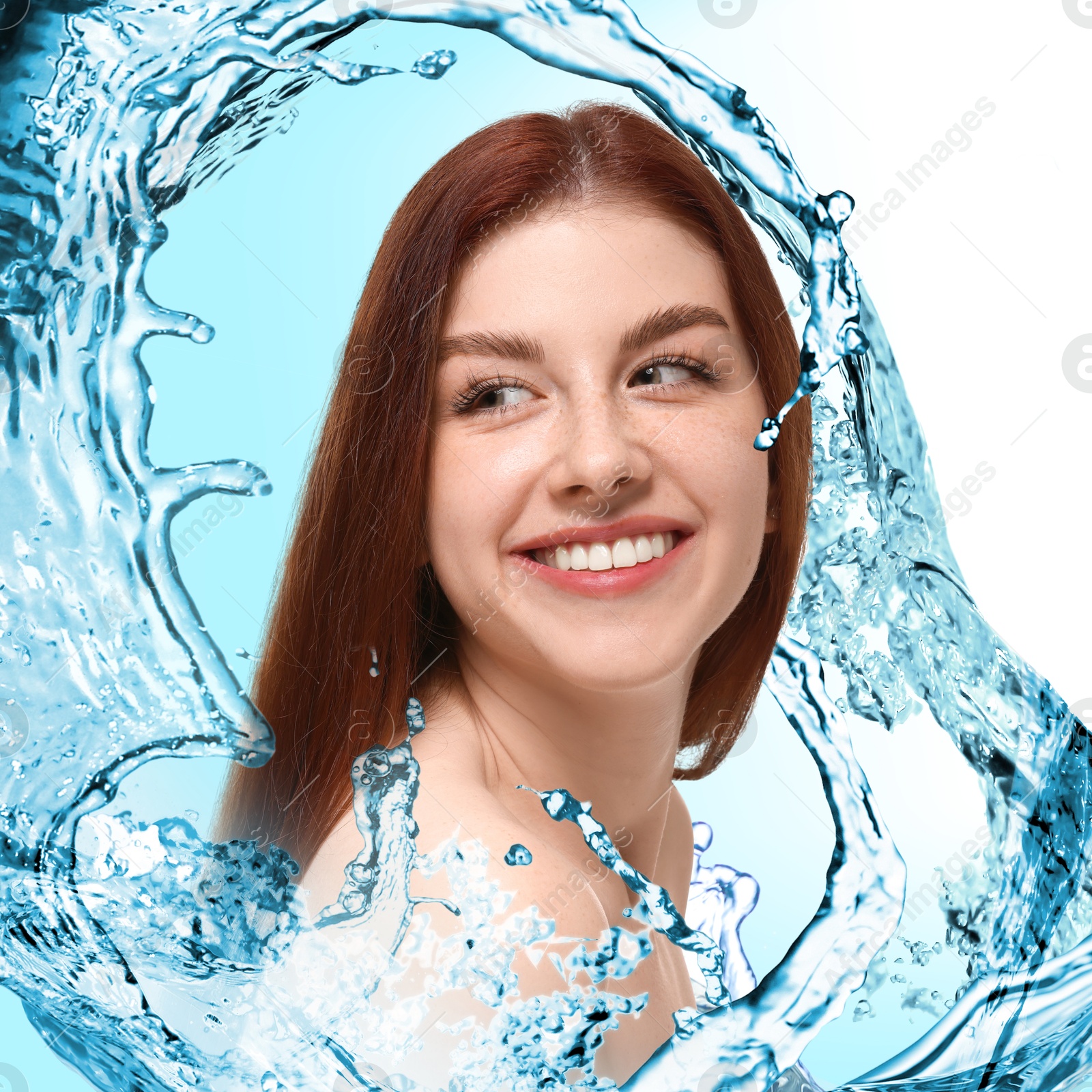 Image of Beautiful woman and splashes of water on gradient background