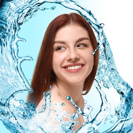 Beautiful woman and splashes of water on gradient background