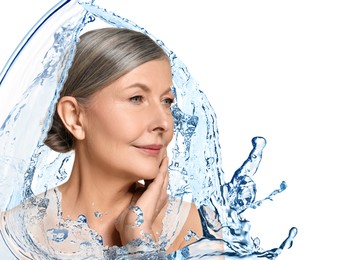 Image of Beautiful mature woman and splashes of water on white background
