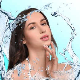 Image of Attractive woman and splashes of water on gradient background