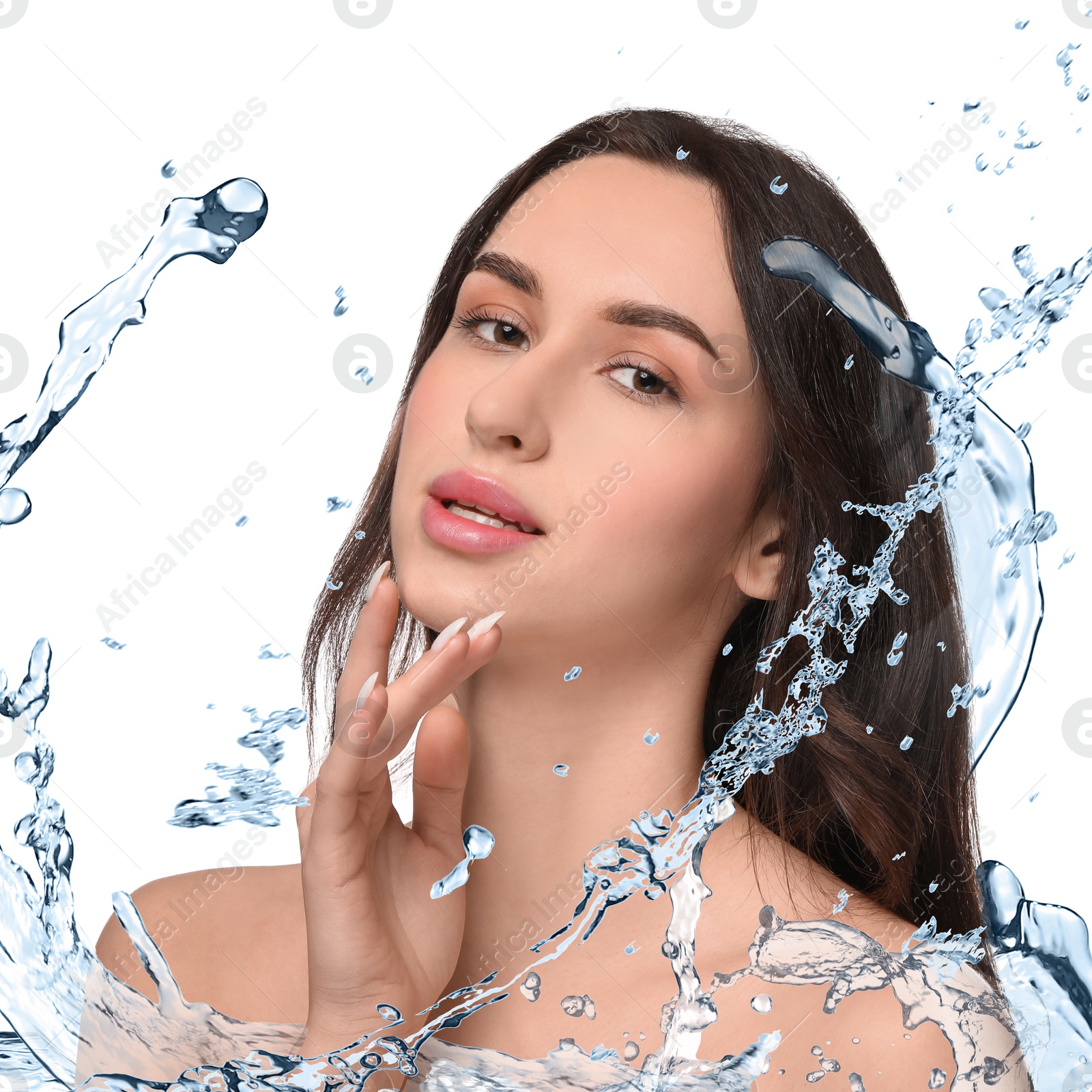 Image of Beautiful woman and splashes of water on white background