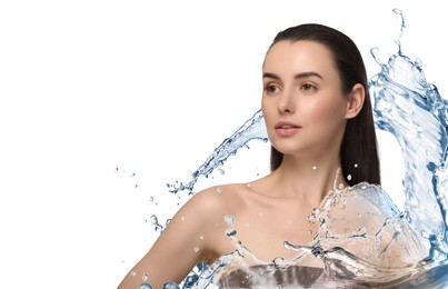 Beautiful woman and splashes of water on white background