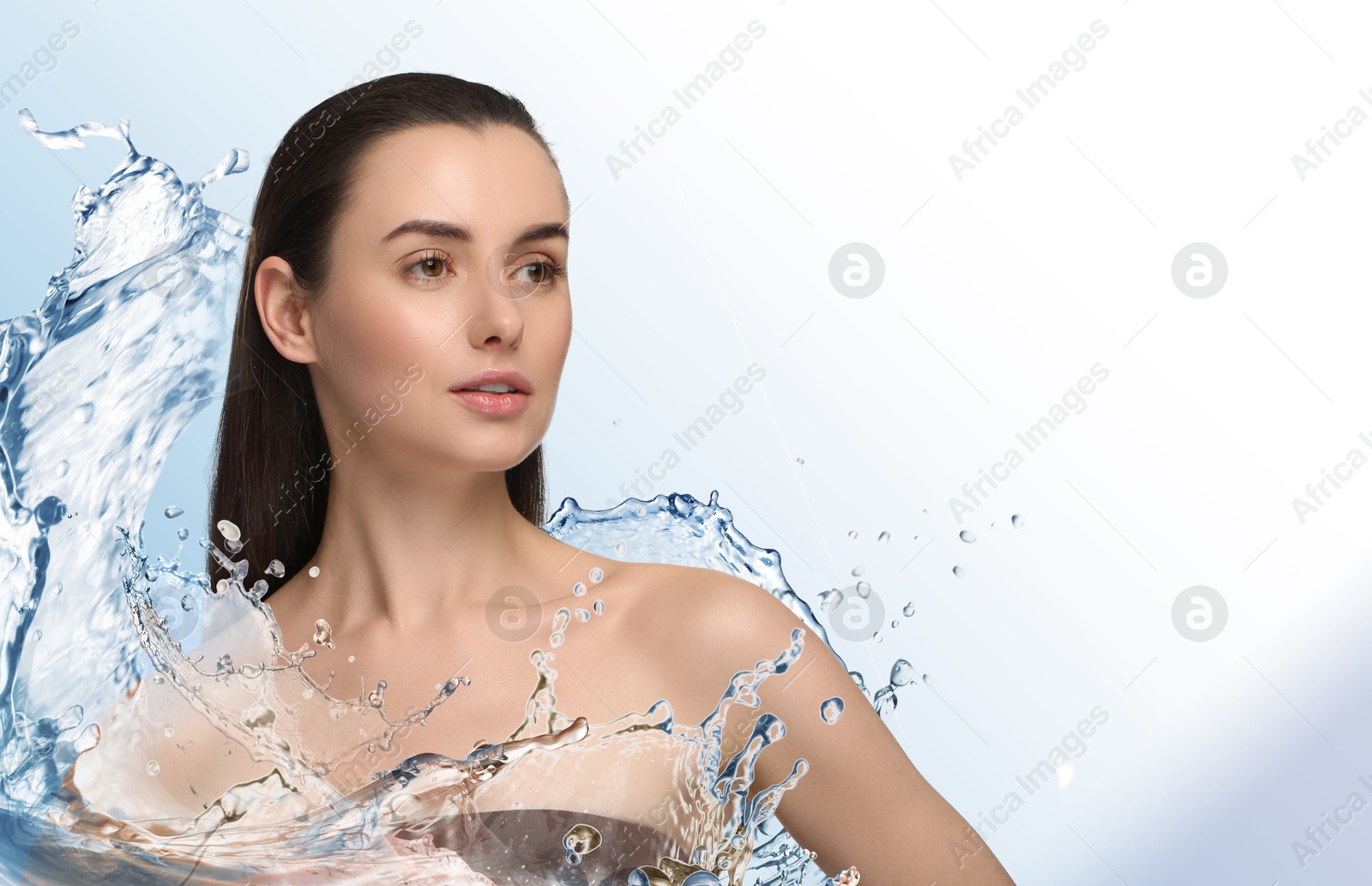 Image of Beautiful woman and splashes of water on gradient background