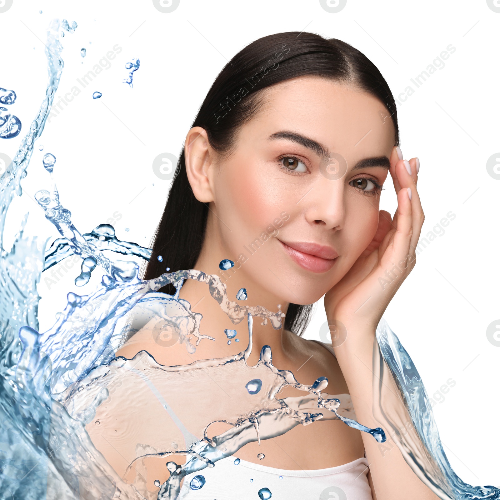 Image of Beautiful woman and splashes of water on white background