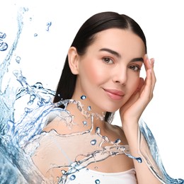 Image of Beautiful woman and splashes of water on white background
