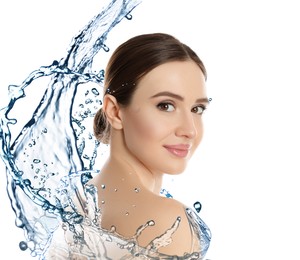 Beautiful woman and splashes of water on white background