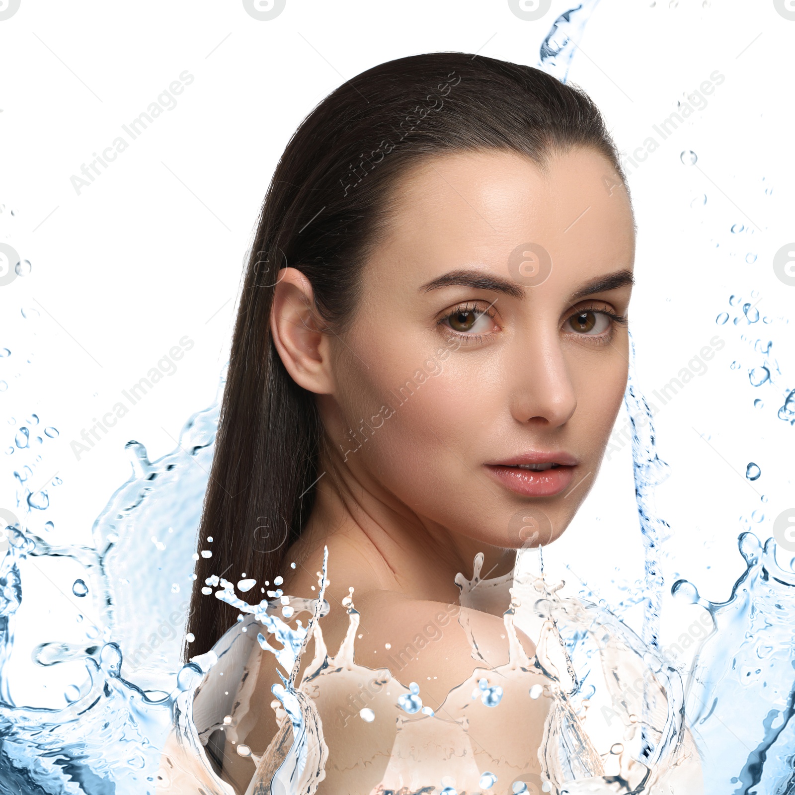 Image of Gorgeous woman and splashes of water on gradient background