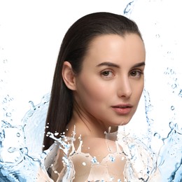 Image of Gorgeous woman and splashes of water on gradient background