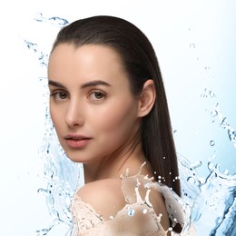 Gorgeous woman and splashes of water on gradient background