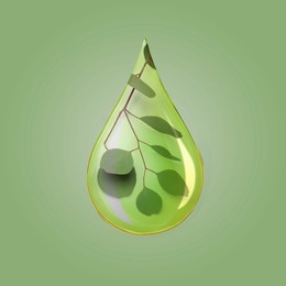 Image of Eucalyptus oil drop with branch inside on green background