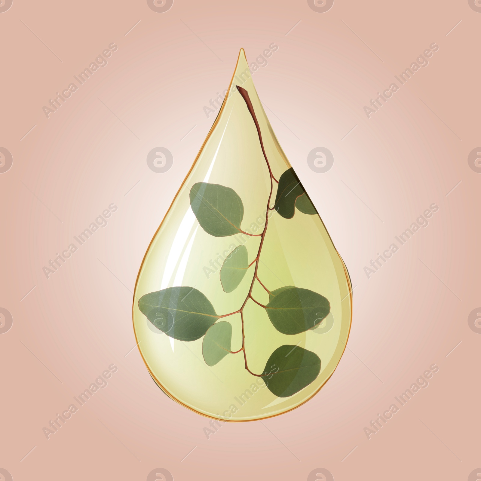 Image of Eucalyptus oil drop with branch inside on dusty pink background