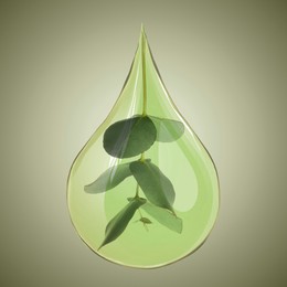 Image of Eucalyptus oil drop with branch inside on olive color background