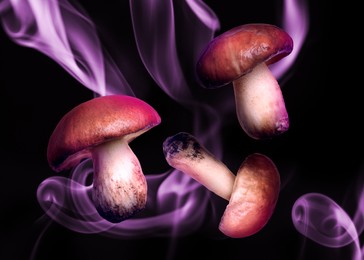 Hallucinogenic mushrooms in air on black background with smoke