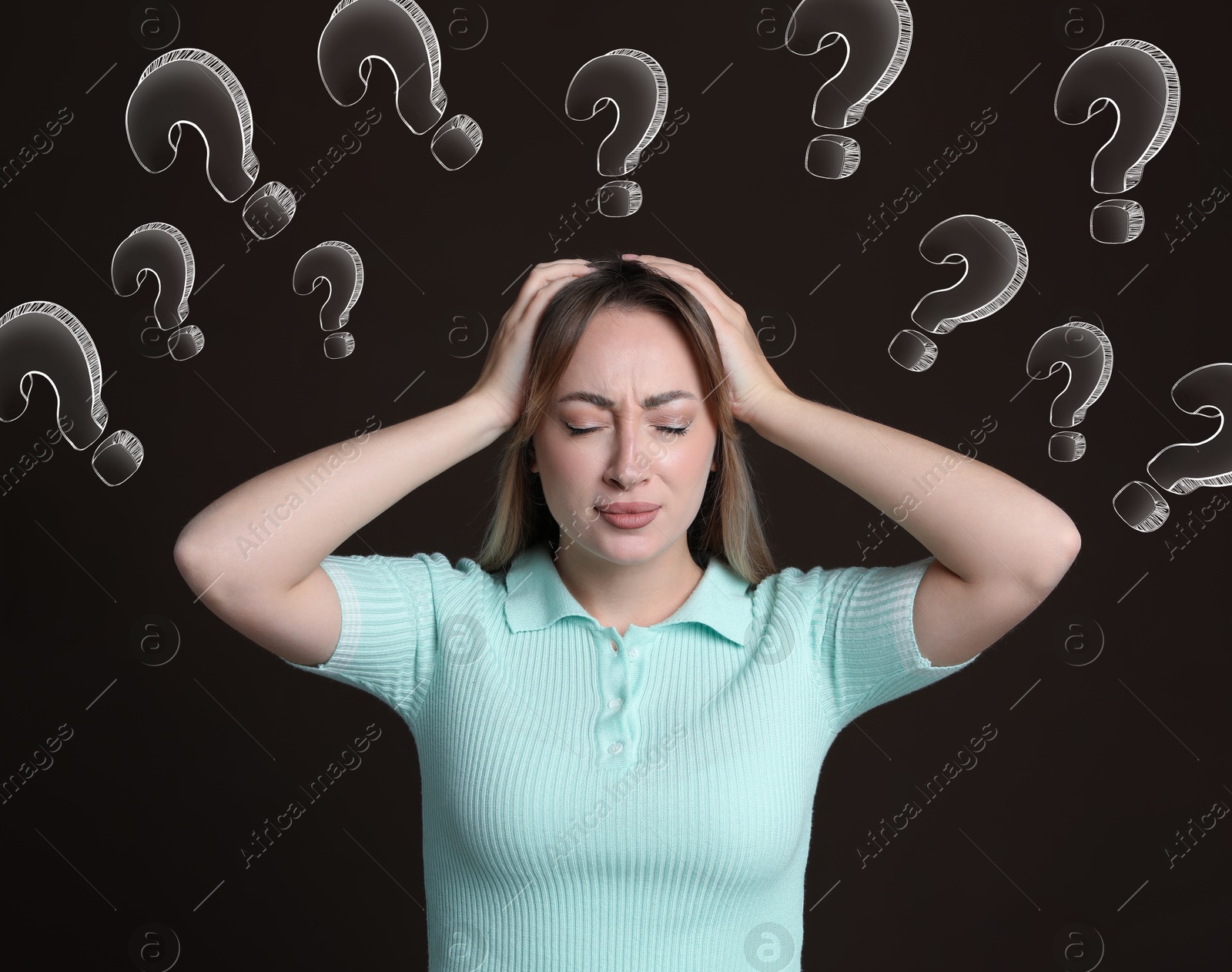 Image of Amnesia. Worried woman and question marks on dark brown background