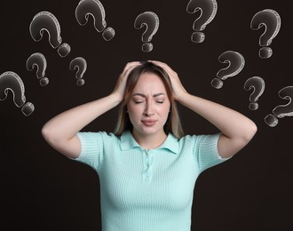 Image of Amnesia. Worried woman and question marks on dark brown background