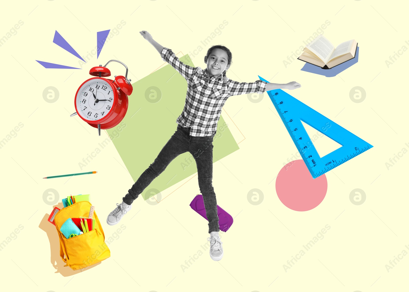 Image of Creative collage with girl and school supplies on color background