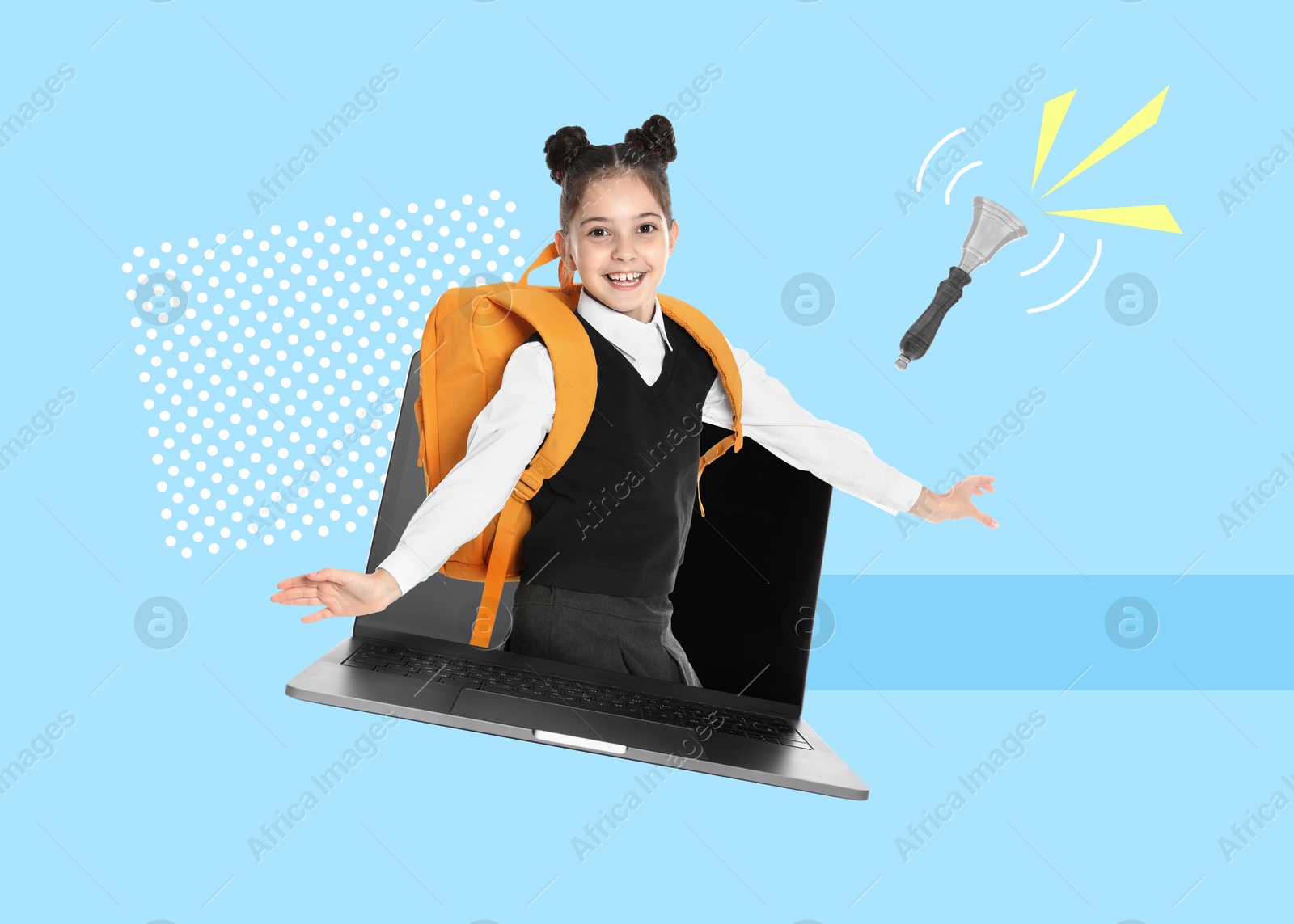 Image of Creative collage with girl appearing from laptop on color background. Back to school