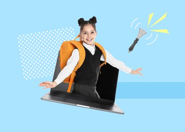 Image of Creative collage with girl appearing from laptop on color background. Back to school