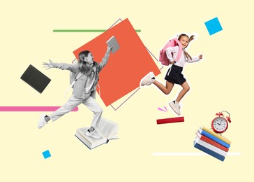 Image of Creative collage with girls running on books against color background. Back to school