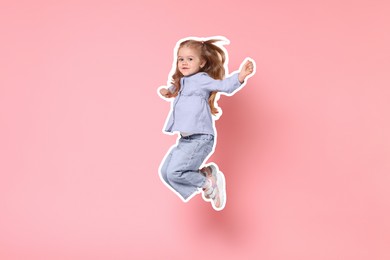 Image of Cute little girl jumping on pink background