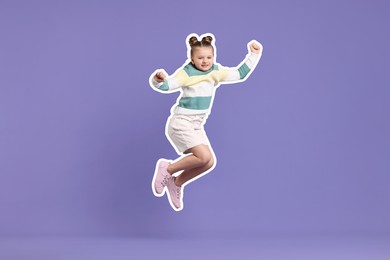 Image of Cute little girl jumping on violet background