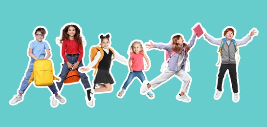 Image of Cheerful children jumping together on turquoise background