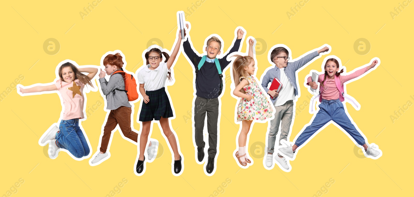 Image of Cheerful children jumping together on yellow background