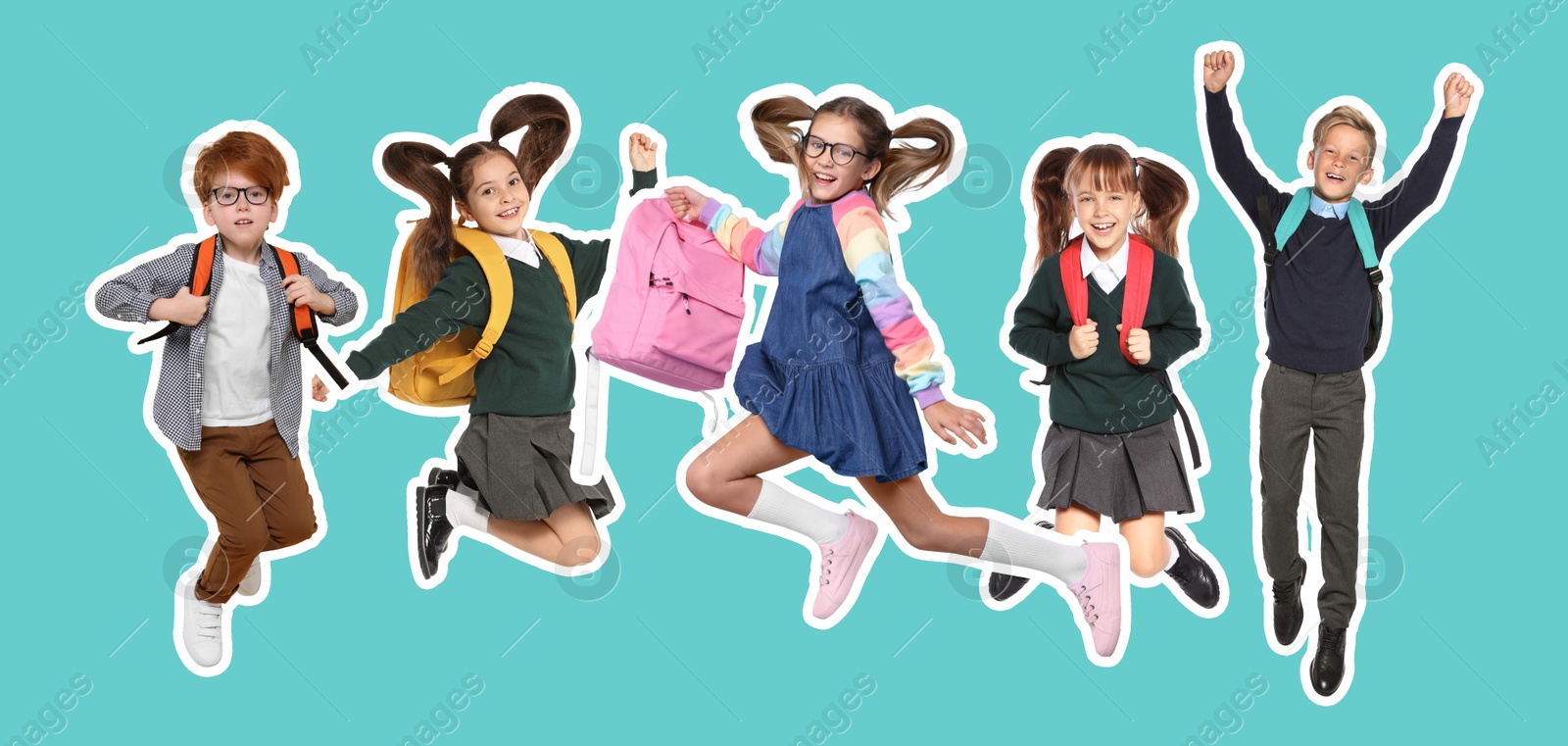 Image of Cheerful school children jumping together on turquoise background