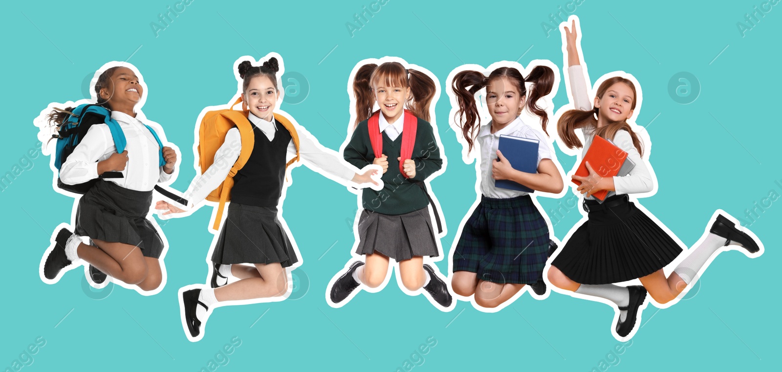 Image of Cheerful school children jumping together on turquoise background