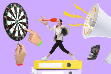 Image of Targeting. Creative art collage with people, bullseye, dart and loudspeaker on violet background