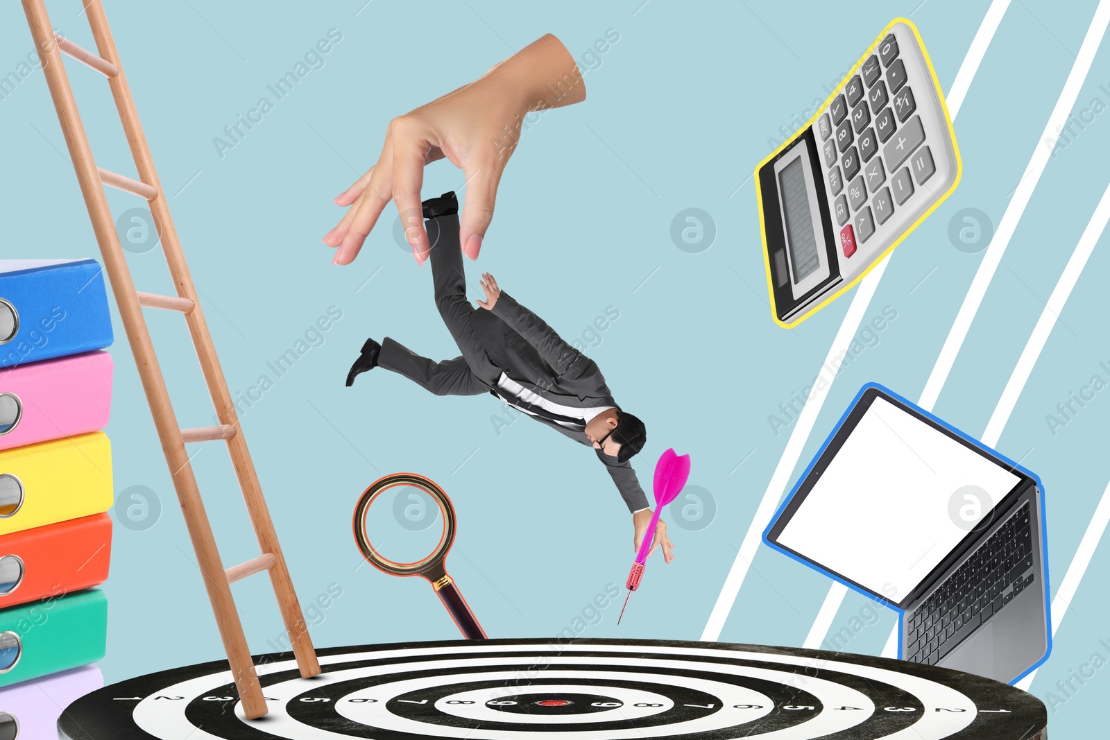 Image of Targeting. Creative art collage with people, bullseye, laptop and calculator on color background