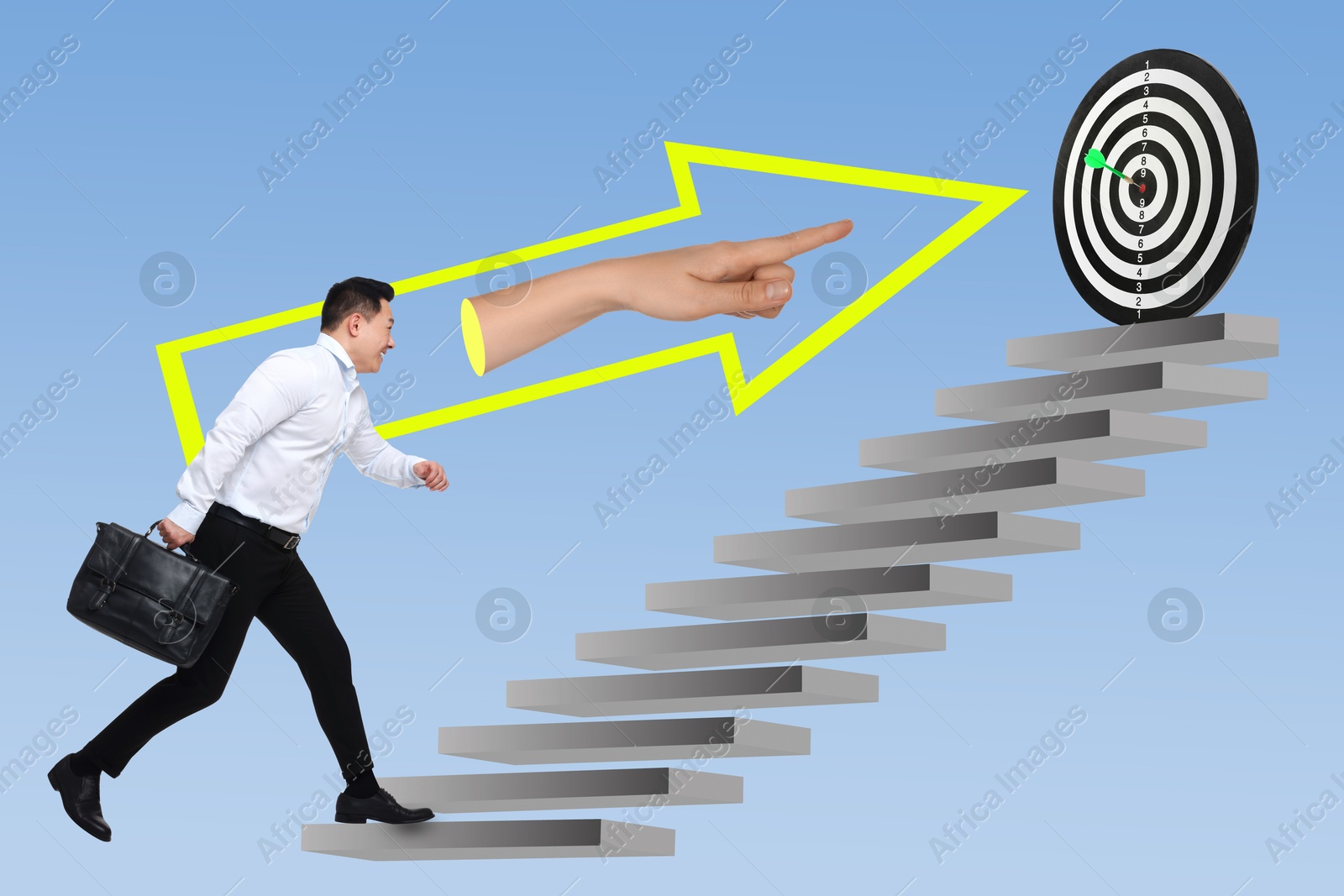 Image of Targeting, creative art collage. Hand in arrow showing businessman way to bullseye on top of stairs