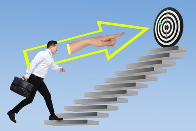 Targeting, creative art collage. Hand in arrow showing businessman way to bullseye on top of stairs