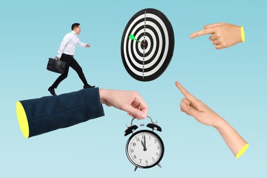 Image of Targeting. Creative art collage with man, people's hands, bullseye and alarm clock on light blue background