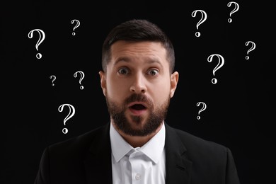 Image of Shocked man and question marks on black background