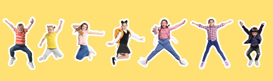 Image of Cheerful children jumping together on yellow background