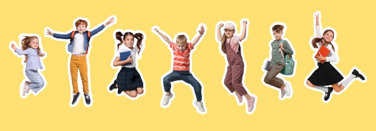 Image of Cheerful children jumping together on yellow background