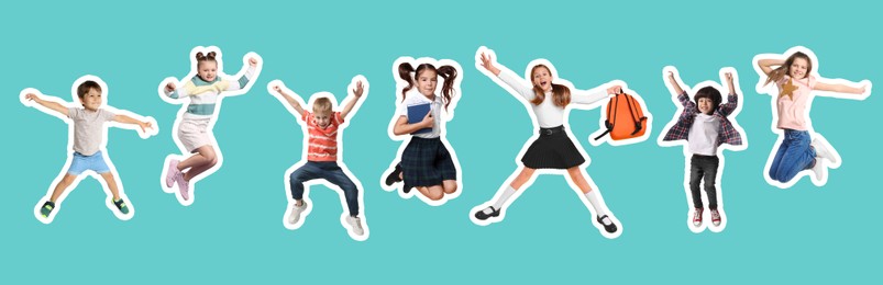 Cheerful children jumping together on turquoise background