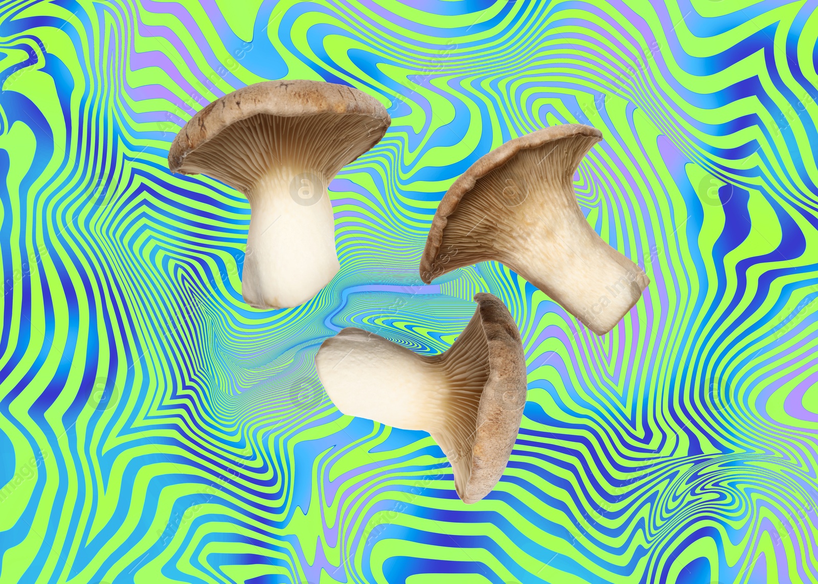 Image of Hallucinogenic mushrooms in air on bright abstract background