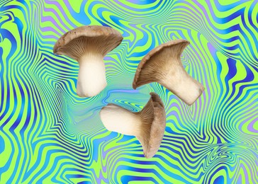 Image of Hallucinogenic mushrooms in air on bright abstract background