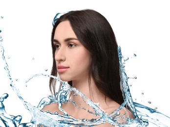 Image of Beautiful woman and splashes of water on white background