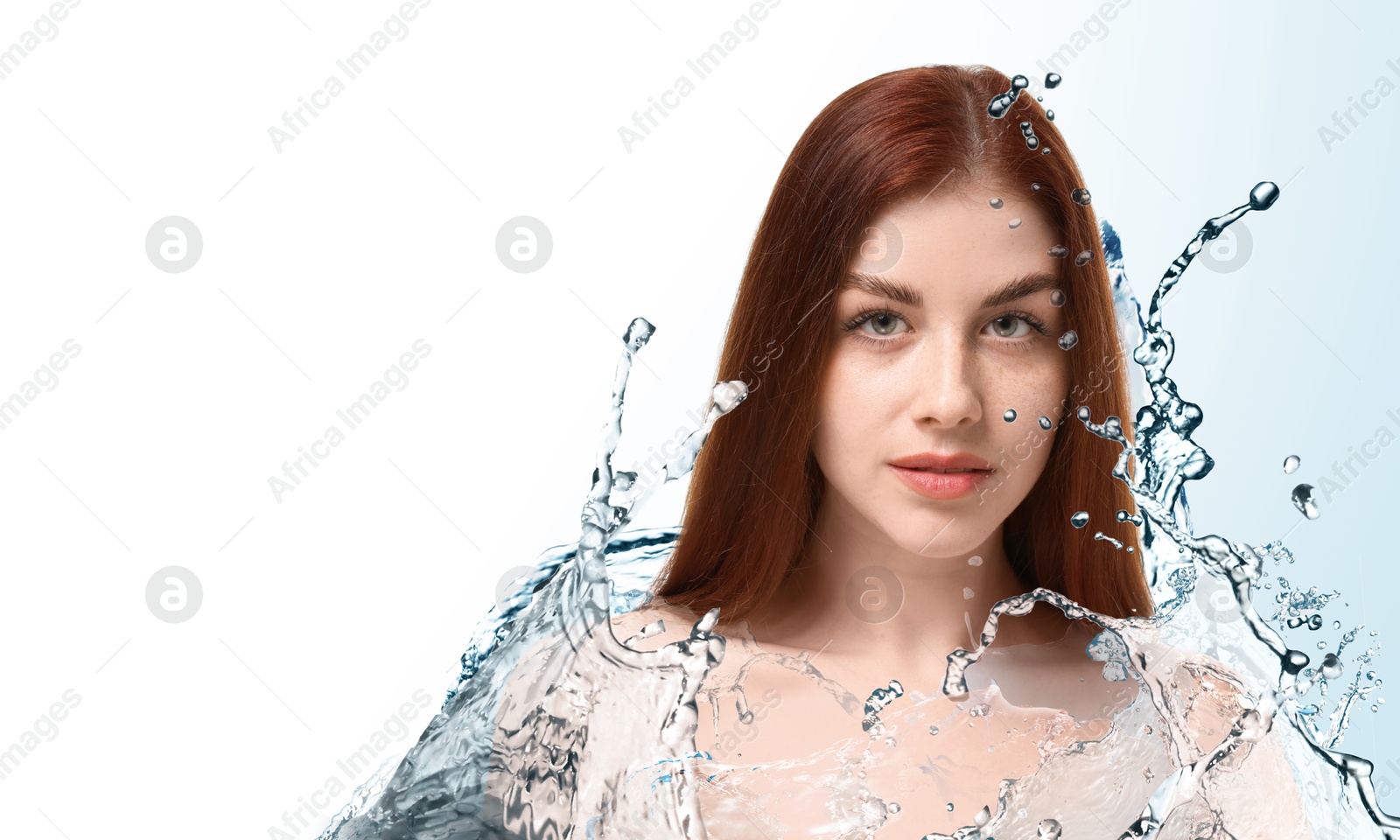 Image of Gorgeous woman and splashes of water on gradient background