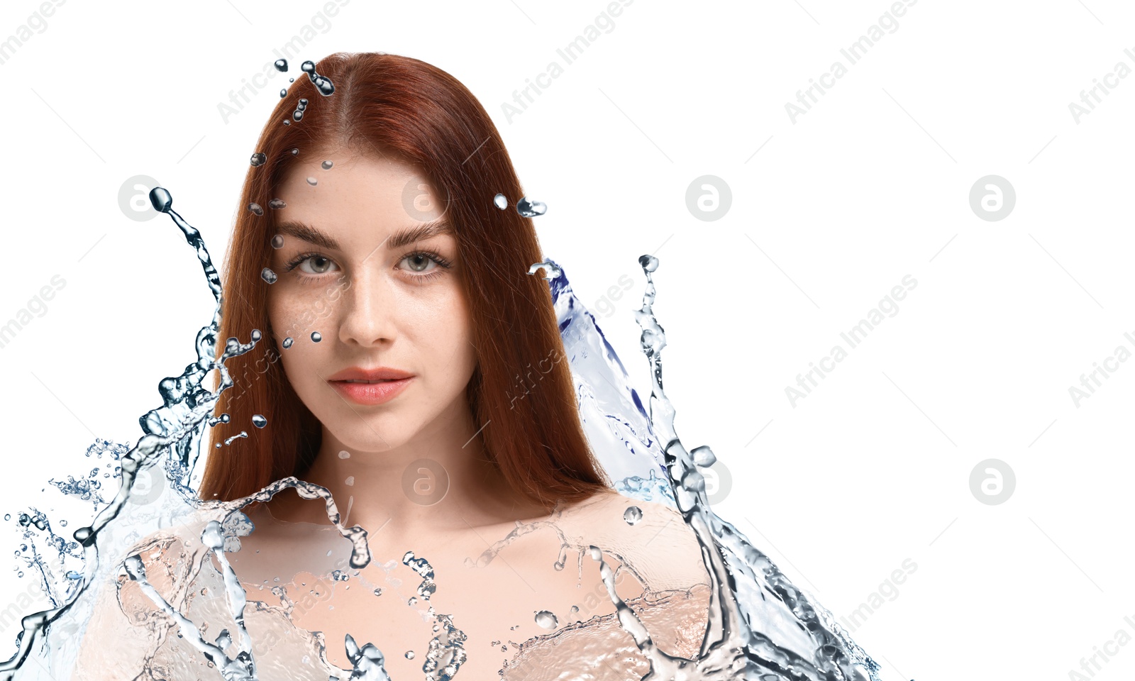 Image of Attractive woman and splashes of water on white background