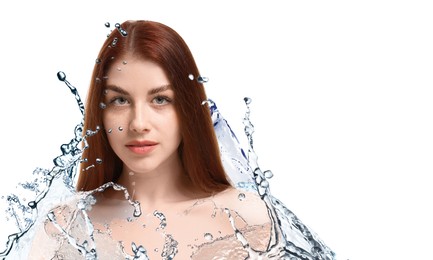 Attractive woman and splashes of water on white background