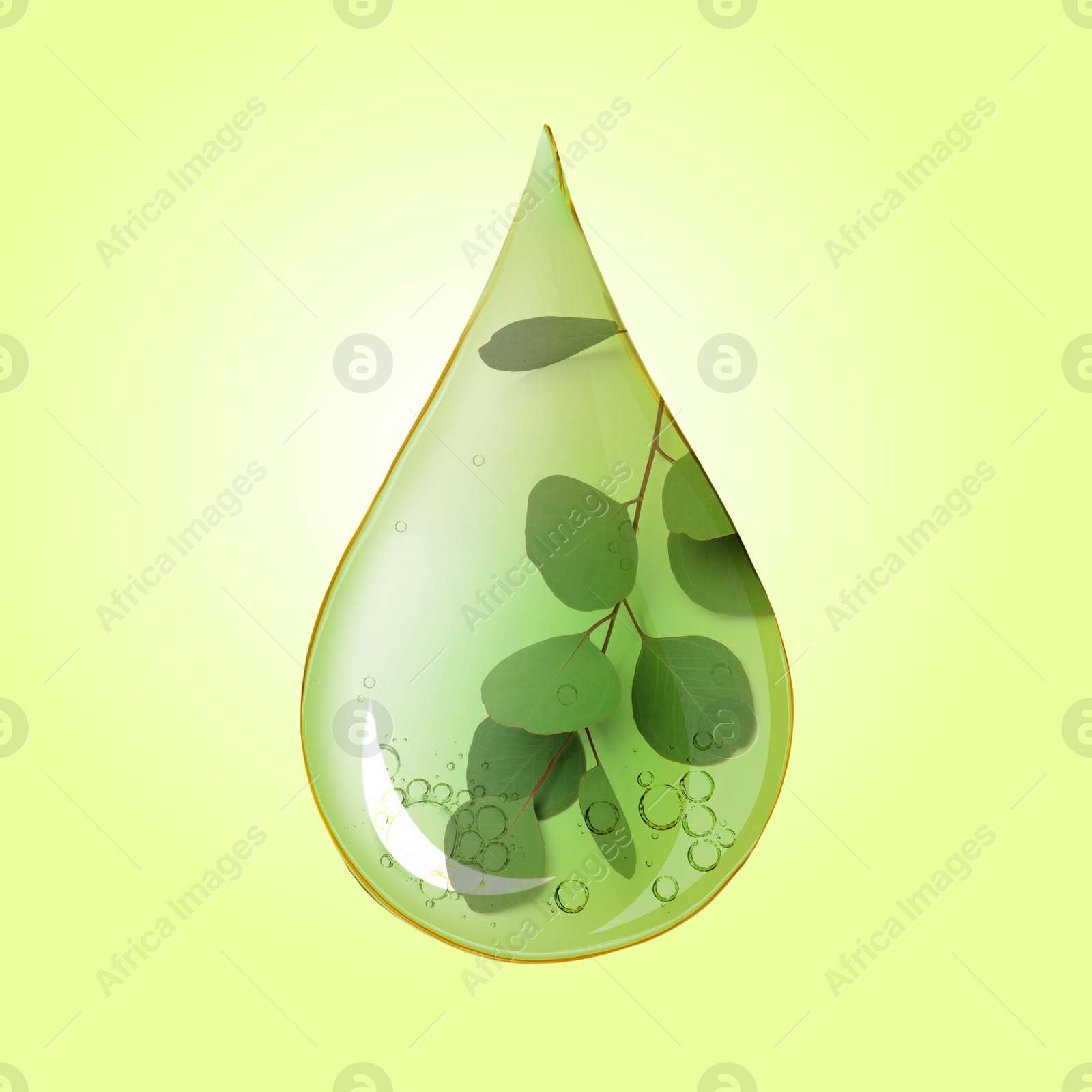 Image of Eucalyptus oil drop with branch inside on light green background