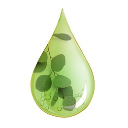 Image of Eucalyptus oil drop with branch inside on white background