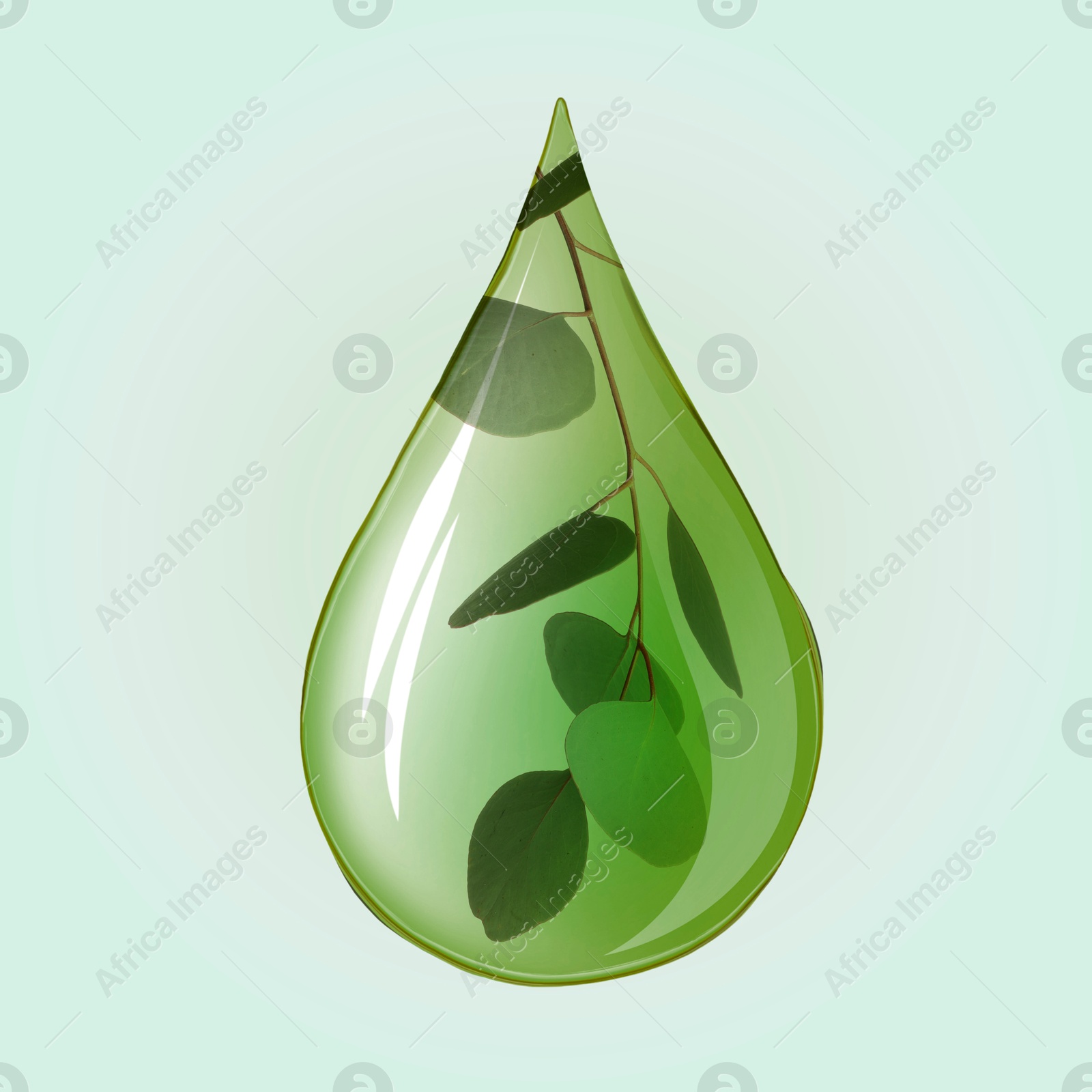 Image of Eucalyptus oil drop with branch inside on light aquamarine background