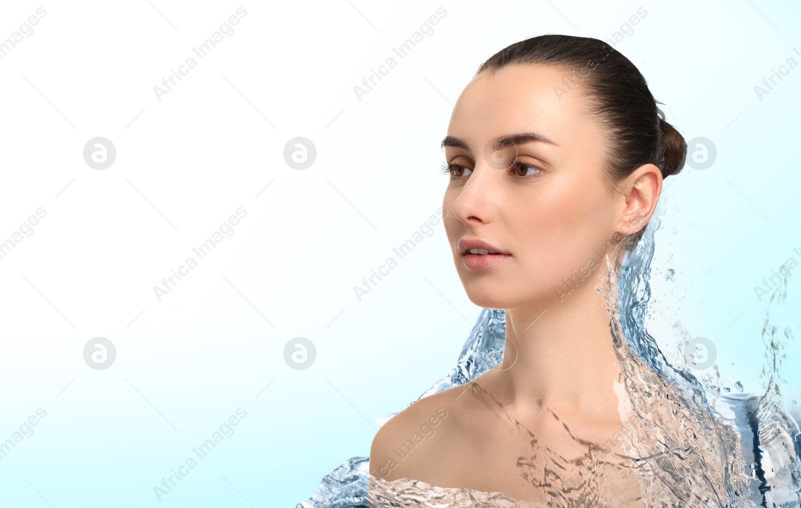 Image of Gorgeous woman and splashes of water on gradient background