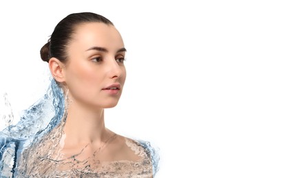 Attractive woman and splashes of water on white background